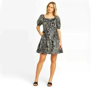 *NWT* Who What Wear Leopard Print Short Puff Sleeve Dress W/pockets Size Small